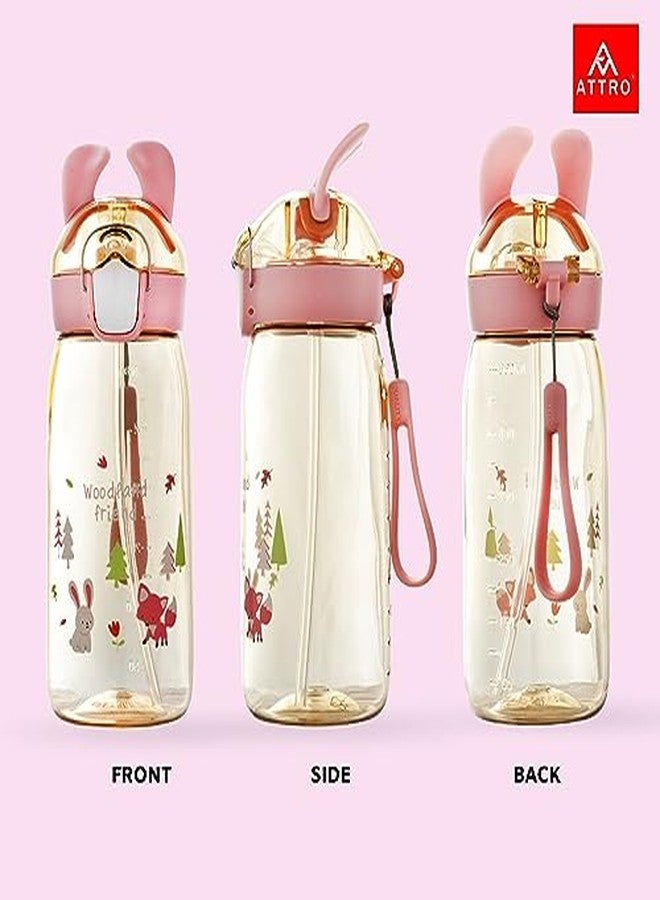 Attro Bunny 550ml Cute and Convenient Cartoon Printed Kids Tritan Water Bottle with Detachable Strap & Straw Lid BPA-Free,Leak-Proof-Perfect for School,Sports and Travel-Pink - Image 3